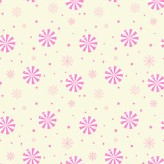 Wall Mural - Cute Christmas seamless pattern with pastel pink lollipops and snowflakes isolated on light yellow background.Merry Xmas vector graphic illustration wallpaper.