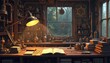 © Oleksandr - Steampunk workshop interior with industrial machinery and tools. Wooden workbench with lamp, books, and contraptions. Shelves with metal and brass items. Window with view of trees.