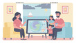 © Creative Office Pro - Family watches hurricane tracking on a screen preparing for stormy weather and home safety