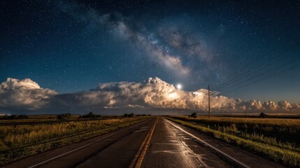 Wall Mural - A long empty road stretches through a rural landscape at night. The sky is filled with stars and clouds softly lit by the moon. The scene creates a sense of tranquility and wonder.