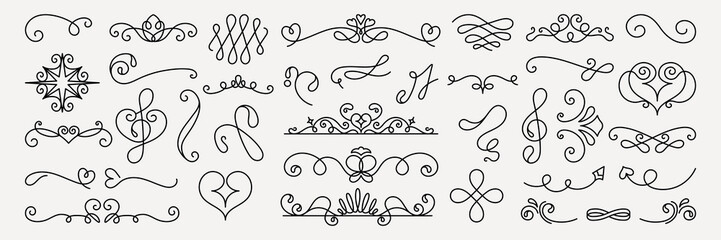 Wall Mural - Decorative Vector set. Elegant black decorative flourishes and swirls, ornate flourishes with intricate swirls, perfect for elegant designs and decorative projects. Hand drawn ornament vector set.