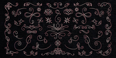 Wall Mural - Elegant flourishes and swirls in pink and white on a dark background. Swirls and flourishes create a decorative, elegant design. Perfect for elegant projects. Hand drawn ornament vector set.