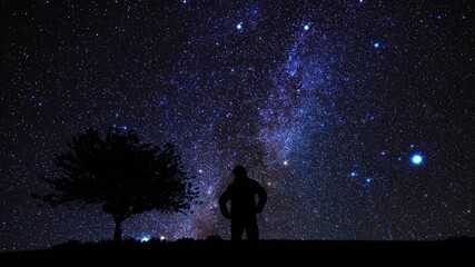 Wall Mural - Silhouette of a man and countryside under the Milky Way stars.