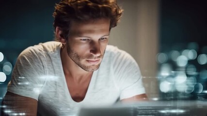 Focused programmer coding late at night with digital display overlay, intense coding session