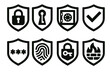 © Ruslana - Shield Security Icons. Shield Security Badges set of icons silhouette. Badge with padlock symbol, shield with keyhole, badge with vault icon, shield with checkmark, shield with