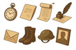 © Ruslana - Armistice Day Icons. Historical Armistice Day set icons in flat vector style. Vintage pocket watch, old war letter, sepia document scroll, quill pen with treaty, telegram envelope