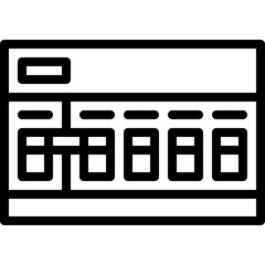 Outline of a vintage cash register with buttons and a display screen on a white background