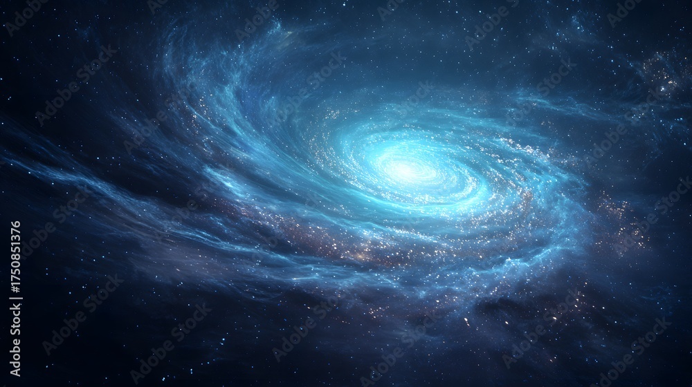 Bright blue spiral galaxy swirls through a dark starry expanse.