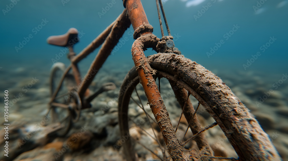 Underwater Rusted Bicycle Rims Submerged bicycle covered in sediment, abandoned underwater. Mystery of ...