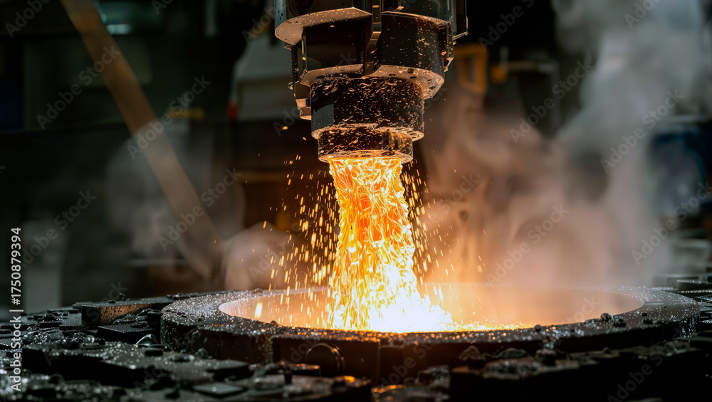 Molten metal pouring into circular mold in industrial foundry. Stock ...