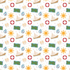 Ocean holiday seamless pattern with sailboat, map, compass, sun, lifebuoy, flip flops for decor