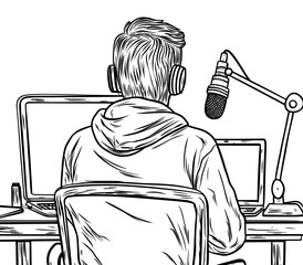 A person in a hoodie is represented by a silhouette, utilizing a laptop and microphone to signify cybersecurity