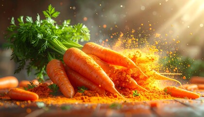 Vibrant carrots exploding with orange powder, sunlit