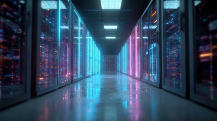 Futuristic data center with glowing servers and digital data flow visualization