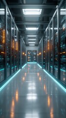 Wall Mural - Futuristic data center with glowing servers and digital data flow visualization