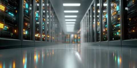 Wall Mural - Futuristic data center with glowing servers and digital data flow visualization