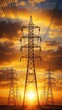 © ทองขาร พอใจ - Illuminated high voltage power lines against a sky filled with golden hues at sunset
