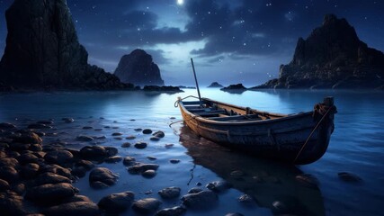 Wall Mural - A serene night scene of a wooden boat on a rocky shore under a starry sky. Captured from a low angle, ideal for a tranquil video backdrop. Live desktop wallpaper.