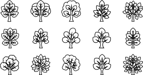 stylized line art illustrations of trees with varying leaf structures.
