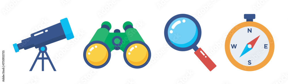Colorful collection of four exploration tools including a telescope ...