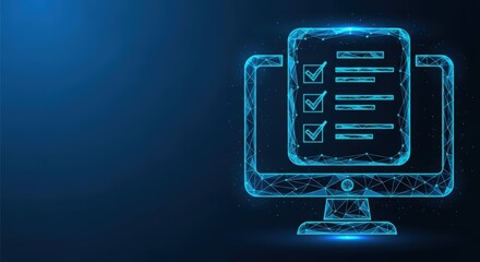 Glowing blue wireframe computer showing a completed online checklist