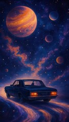 Wall Mural - A vintage car drives through a cosmic landscape with planets. Low-angle view creates a surreal, dreamlike video scene in vibrant colors. Live mobile wallpaper.