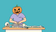 © Digital Work Space - Funny Halloweenthemed chiropractor with pumpkin head adjusts a skeletons spine Health concept