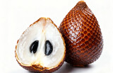 Delicious whole and halved tropical salak fruit, commonly known as snake fruit, showcasing its unique scaly skin and crisp white flesh on a clean white background