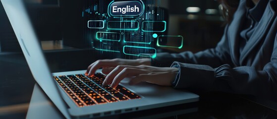 Person typing on laptop with futuristic AI translation interface showing multiple languages. Concept of artificial intelligence, digital communication, and innovative AI language learning technology.