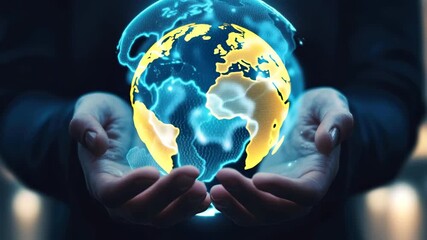 Wall Mural - A futuristic video concept with a close-up angle of hands holding a glowing digital globe, highlighting technology and global connectivity. Live desktop wallpaper.
