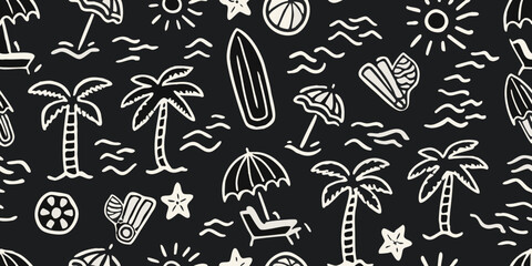 Whimsical hand drawn tropical beach vacation seamless pattern with palm trees umbrellas and surfboards