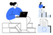 © robu_s - Woman working on a laptop sitting on stacked books, second figure on graph bars with documents and circular arrows. Ideal for education, data analysis, remote work, growth, multitasking, learning