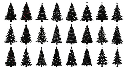 Wall Mural - A large collection of various Christmas tree silhouettes, featuring different shapes and some with festive decorations like lights and stars, against a white background.