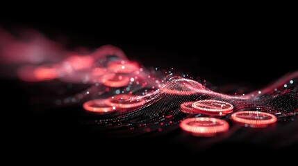 Wall Mural - Abstract Digital Waves of Light with Glowing Circles and Particles on Black Background for Technology and Finance Concepts in Stock Photography