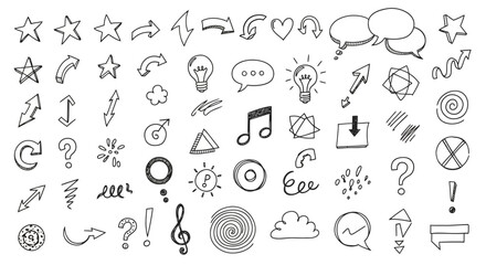 Wall Mural - Hand-drawn doodle icons and symbols set, including arrows, stars, and speech bubbles.