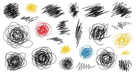 Wall Mural - Collection of hand-drawn scribbles and doodles in various colors and shapes on a white background.