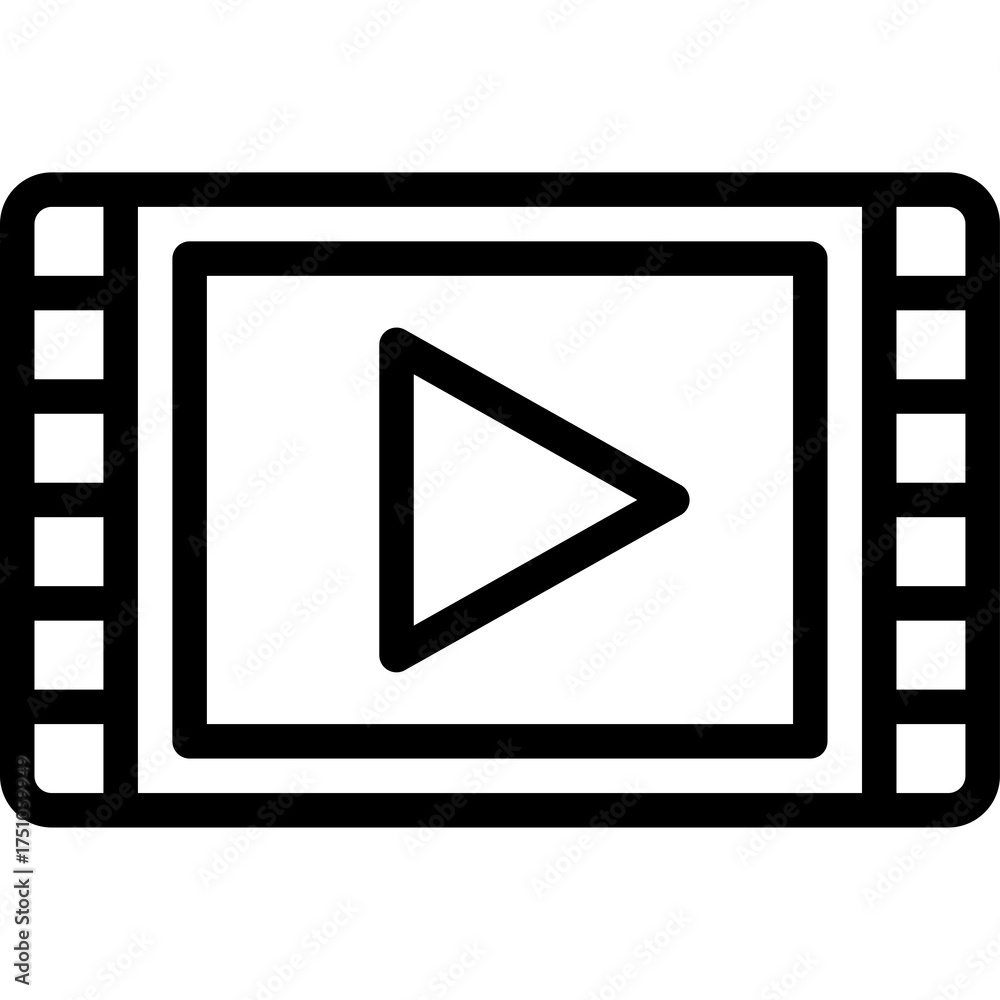 Simple black and white play button icon inside a film strip border on ...
