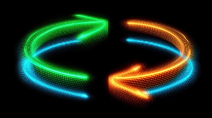 Wall Mural - Vibrant Circular Motion Arrows with Neon Glow Effect in Blue, Green, and Orange Colors on a Dark Background for Dynamic Visuals