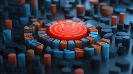 Wall Mural - Abstract futuristic design featuring vibrant colored shapes arranged in a circular pattern with glowing elements on a dark background for technology visuals