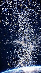 Wall Mural - Aerial view of Earth with sparkling lights swirling upward, creating a cosmic video effect. Captures a sense of wonder and vastness from space. Live mobile wallpaper.