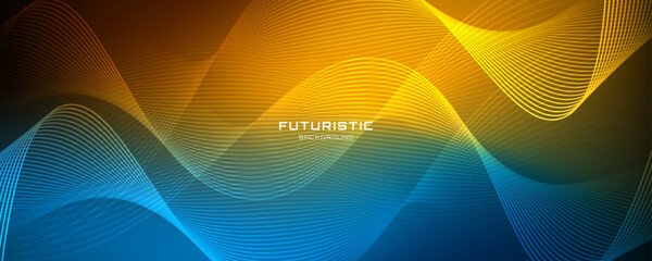 Wall Mural - Blue yellow lines techno abstract background overlap layer on dark space with glowing waves decoration. Modern graphic design element stripes style concept for web, art, flyer, card, or brochure cover