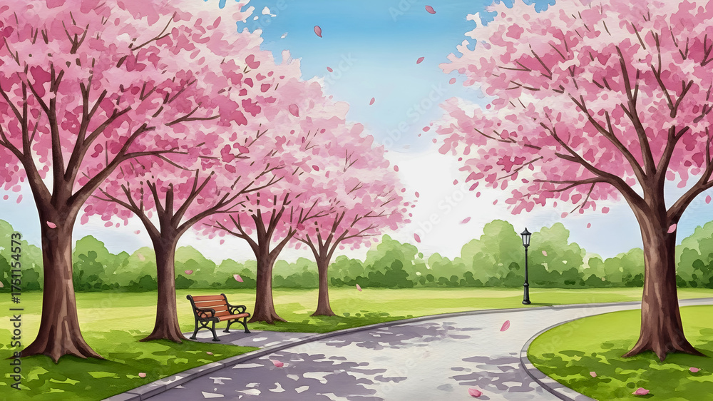 Watercolor Cherry Blossom Trees Lining a Park Path with Bench Stock ...