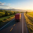 © ilker - A vibrant, high-angle shot captures a red semi-trailer truck with a large, corrugated shipping container driving away from the viewer on a smooth