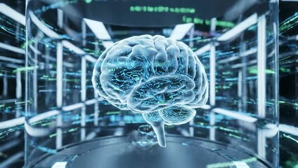 Futuristic rendered brain in a glass container with digital light