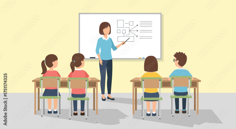 A teacher instructing a group of students in a classroom setting with a ...