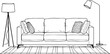 © Md - simple line drawing of a scandinavian-style sofa, carpet, and floor lamp in a living room, vector illustration, simple lines, no shading