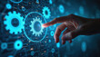 © Lubov - Hand interacts with digital gear icon on tech interface. Photo relates to software updates system improvements and digital transformation. Concept illustrates tech innovation progress and computing.