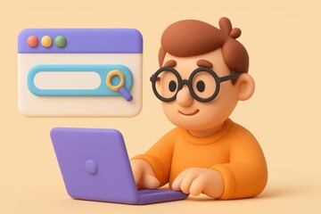 Cute 3D character wearing glasses working on a laptop computer with a floating search bar interface icon