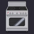 © FAWF STUDIO - A front-view pixel art illustration of an electric kitchen stove. The stove features two elliptical burners, four control knobs, and a reflective glass oven door set against a solid background.