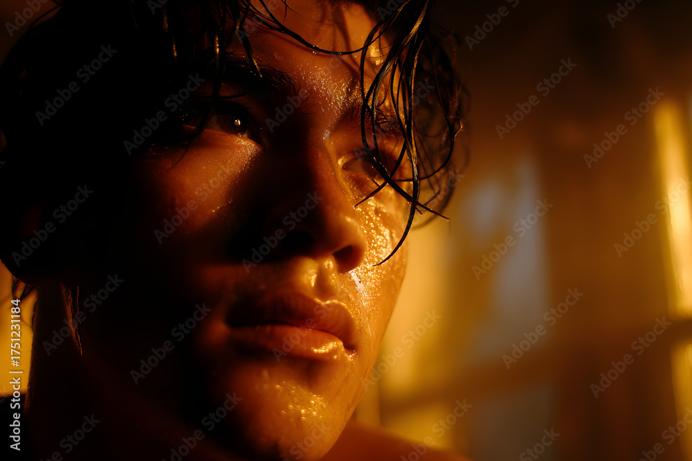 Gazing Raptly Intense Gaze: A close-up shot captures a man with a captivating ...